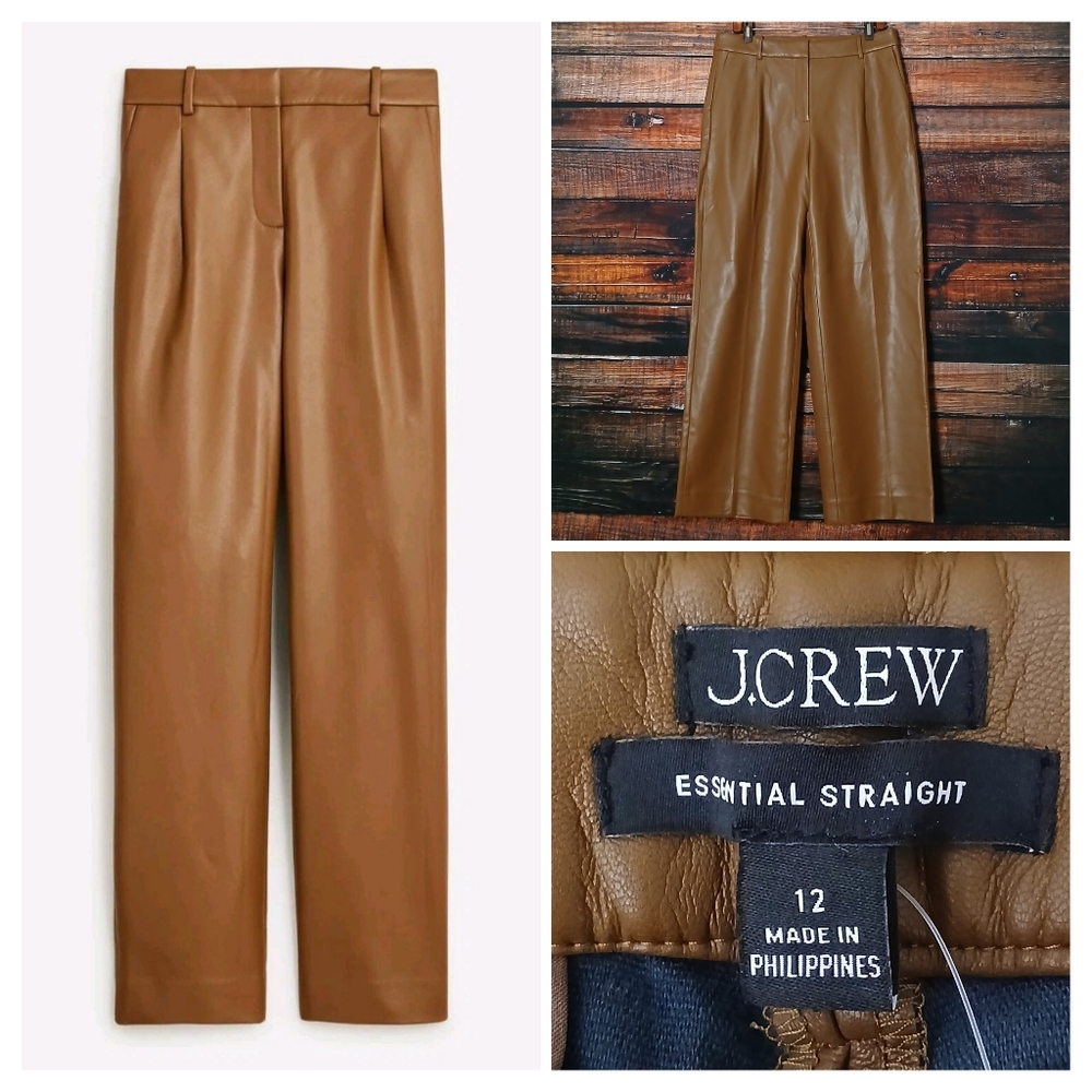 NWT J Crew Pants 12 Straight Wide Leg High Rise Brown Faux Leather Pleated